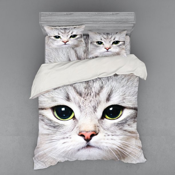 Cat Duvet Cover Set, Cat Print Kitten Kitty Closeup Portrait Digital