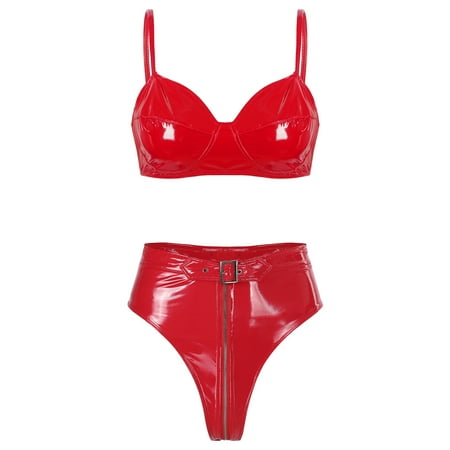 YONGHS Women s 2 Piece Outfits Leather Strap Bralette Bra and Panty Lingerie Set Red L