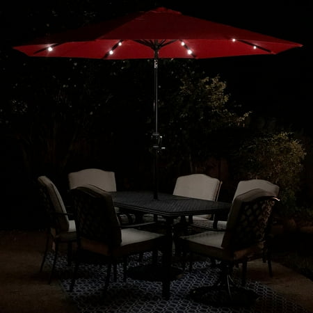 Sun Ray - 9' Round Solar Lighted Umbrella - Taupe