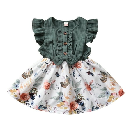

One opening Baby Bowknot Flower Print Ruffle Sleeve Knee Length A-Line Dress