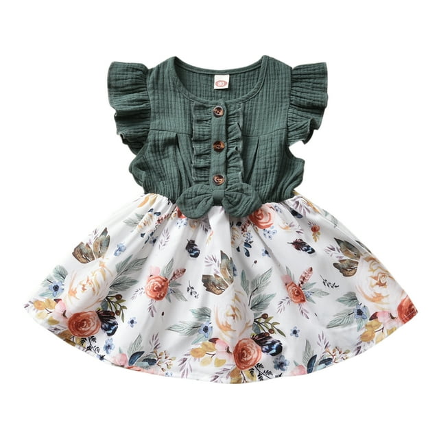 EYIIYE Robe Patchwork à Imprimé pour Bébé Fille, Manches à Volants, Longueur Genou, Ligne A