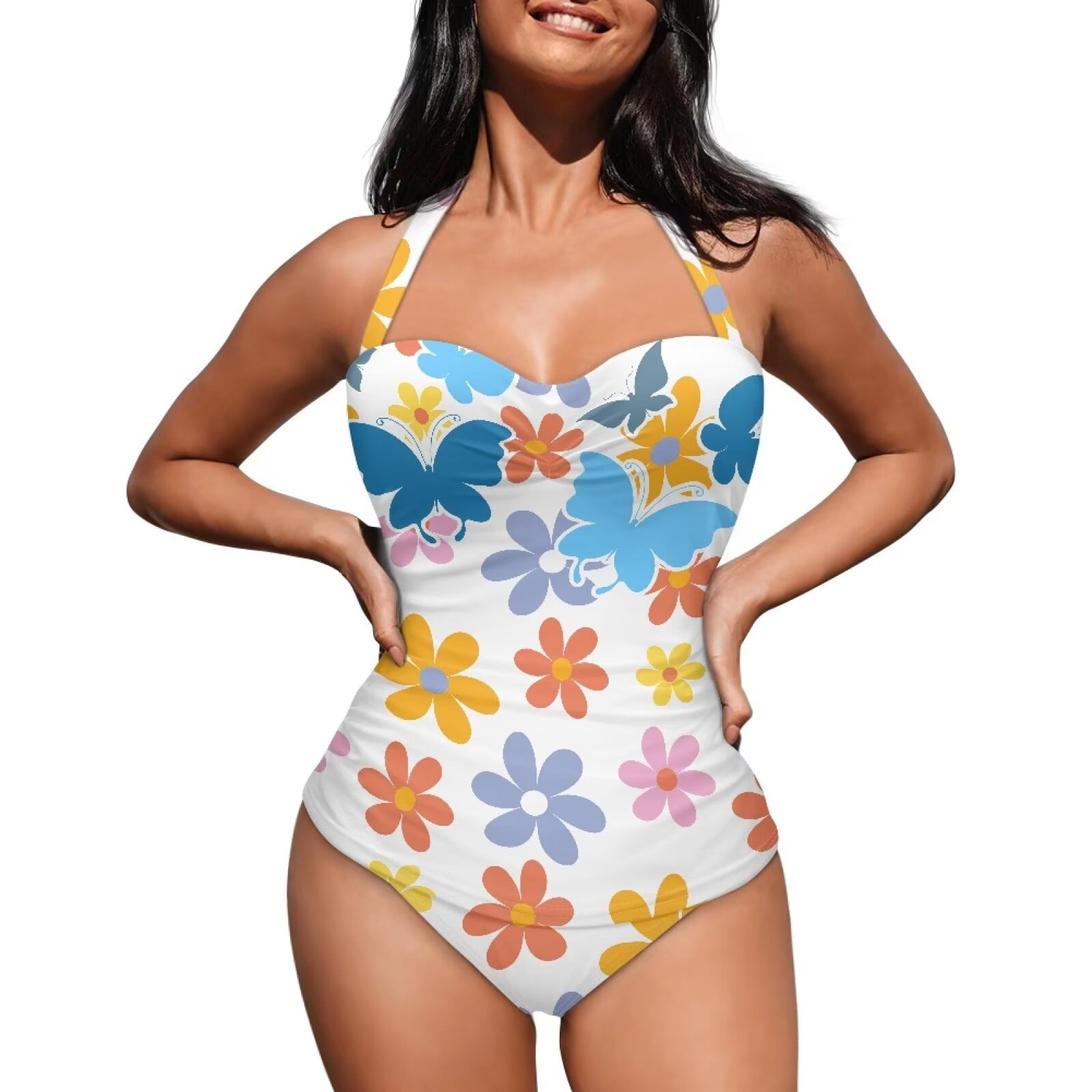 FKELYI Cute Floral Butterfly Print One Piece Bikini Swimwear Polyester Swimsuits Breathable Monokini Tummy Control Monokini Polyester Beach Suits with Halter Strap for Ladies, M