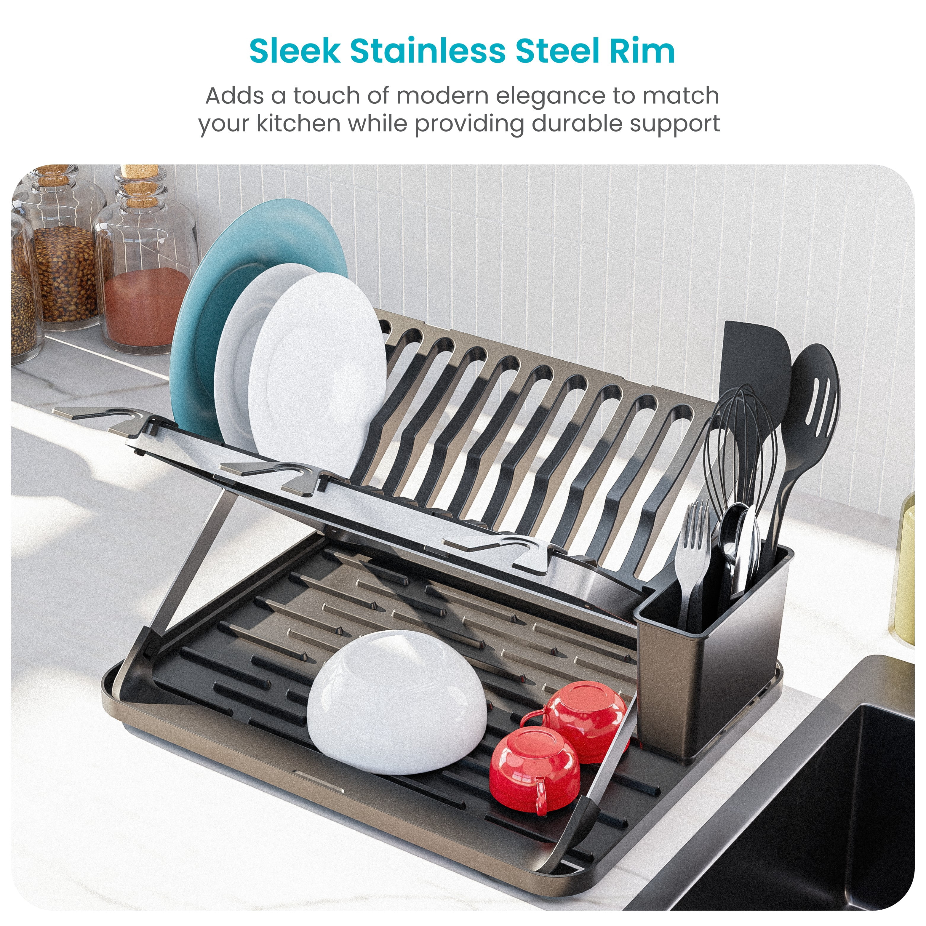 Home Zone Living Foldable X-Frame Dish Drying Rack with Drip Tray and Utensil Caddy