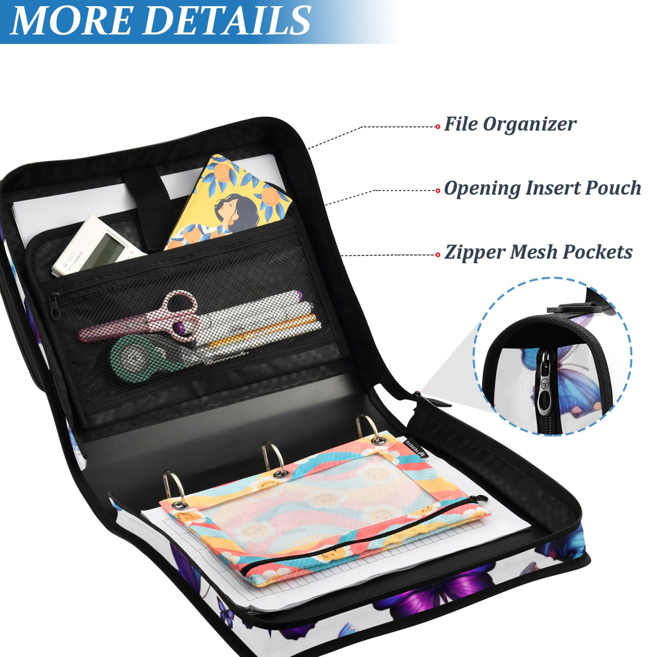 ALAZA Zipper Binder Butterfly 3 Ring Trapper Keeper File Folder Organizer Bag
