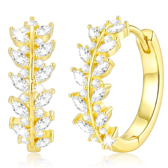 APSVO 18K Gold Plated Leaf Simulated Diamond Hoop Earrings for Women Hypoallergenic Post Earrings Birthday Prom Christmas Jewelry Gifts Teen Stocking Stuffers Adults Ideas