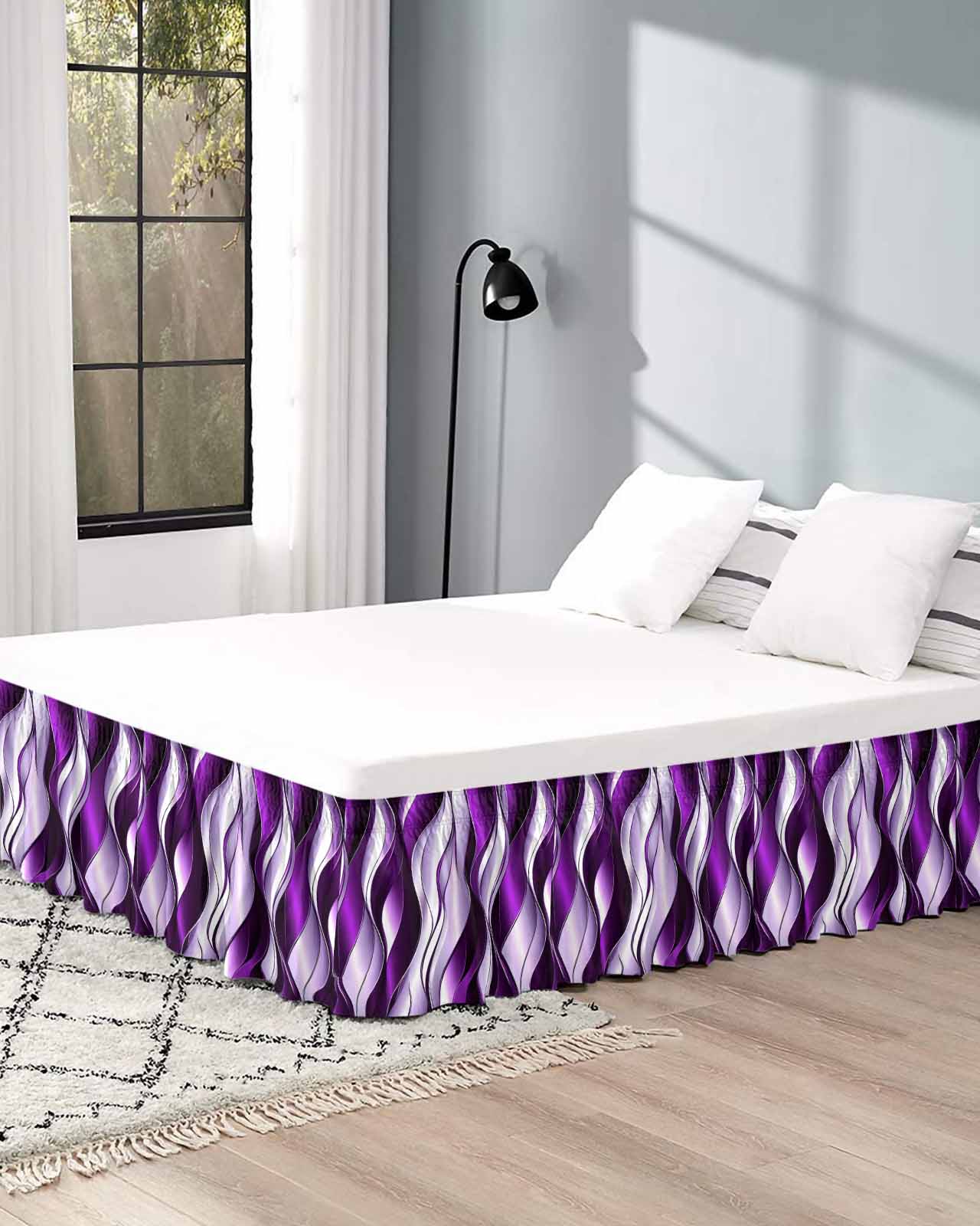 Purple Striped Ombre Wrap Around Bed Skirts for Queen Bed 18" Drop,Bed Skirt with Adjustable Elastic Belt Dust Ruffle Bed Valance for Bedroom Hotel Modern Purple Moire Geometric Bed Frame Cover