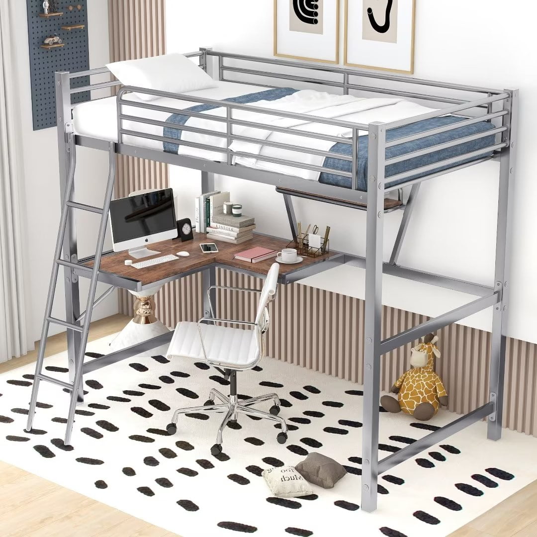 Twin Size Loft Bed,Metal Loft Bed Frame with Lshaped Desk and Shelf