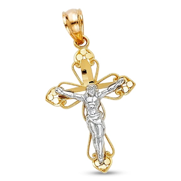 Women Design Jesus Crucifix Cross Pendant Solid 14k Gold Two Tone Religious Charm Faith Christ Genuine 21 mm x 15 mm
