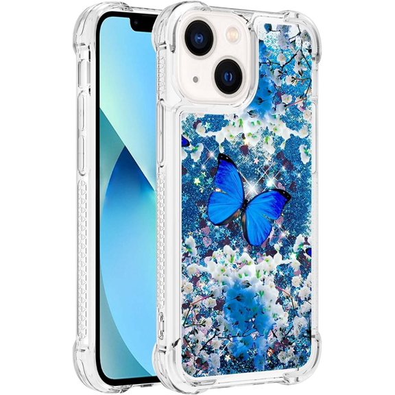Slim Fit Phone Case for iPhone 14 Plus,Crystal Bling Quicksand Effect TPU Bumper Case with Four Corners Drop Protection Cover for iPhone 14 Plus (6.7),YBDT Blue Butterfly