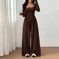 thumbnail image 5 of Long Sleeve Jumpsuit for Women Ruched One Piece Wide Leg Jumpsuit Baggy Square Neck Workout Romper with Pockets, S, 5 of 6