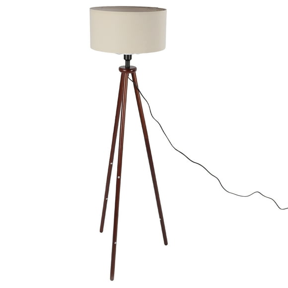 Wooden Tripod Floor Lamp with Flax Lampshade, Modern Design, Foot Pedal Switch, Standing Lamp for Living Room Bedroom, Reading Standing Lamp