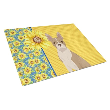 

Summer Sunflowers Fawn Boston Terrier Glass Cutting Board Large 12 in x 15 in