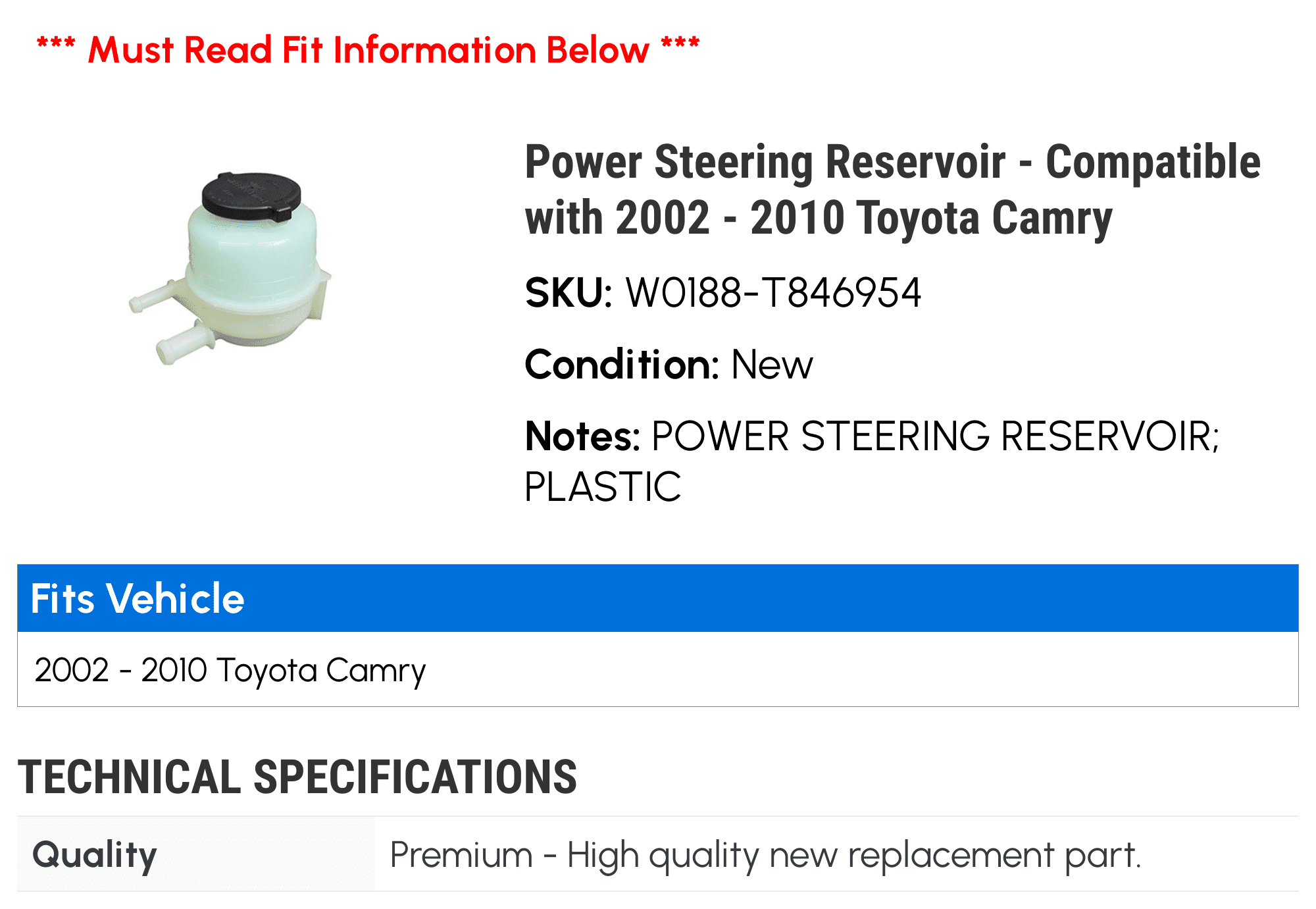 Power Steering Reservoir - Compatible with 2002 - 2010 Toyota Camry 2003 2004 2005 2006 2007 2008 2009