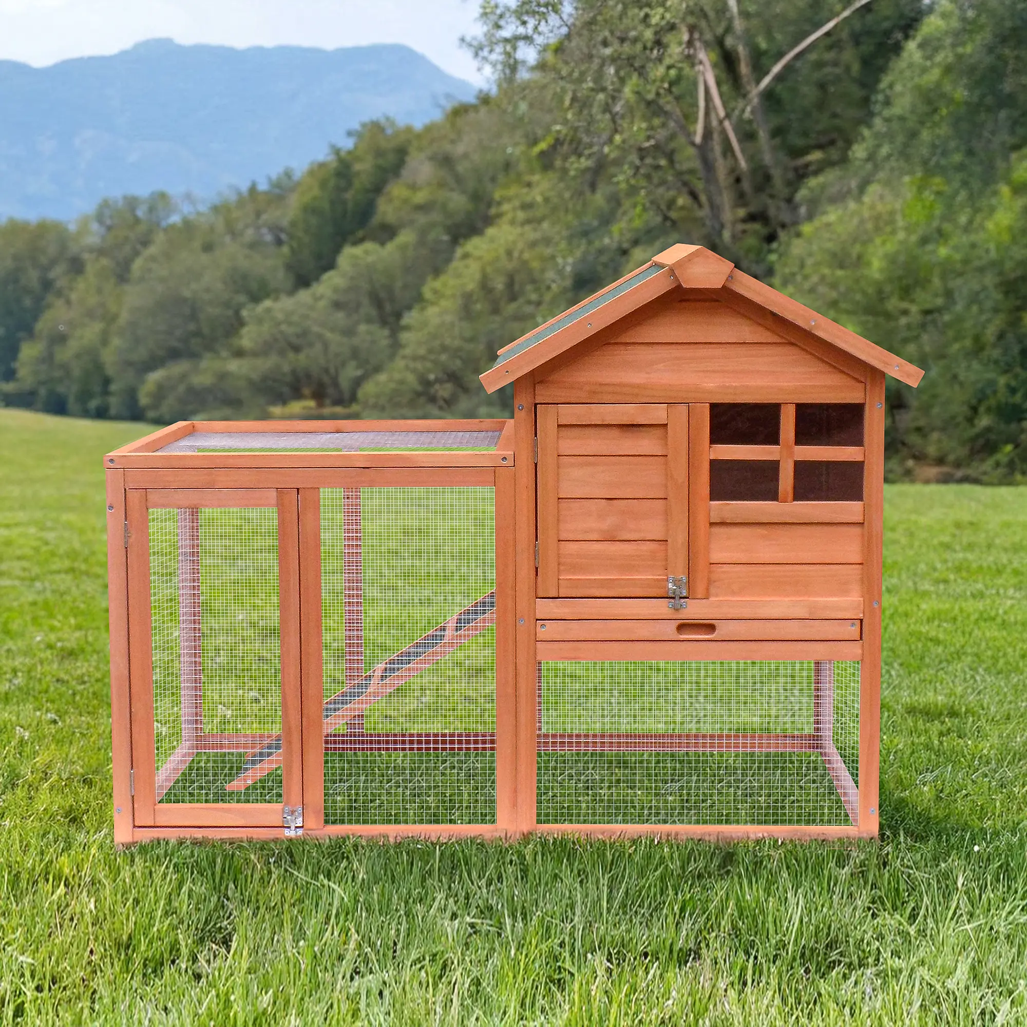 Pefilos 48" Wood 2 Tier Chicken Coops Habitat, Rabbit Hutch for Outdoors, Indoor Guinea Pig Coop Pet House with Stairs, Orange