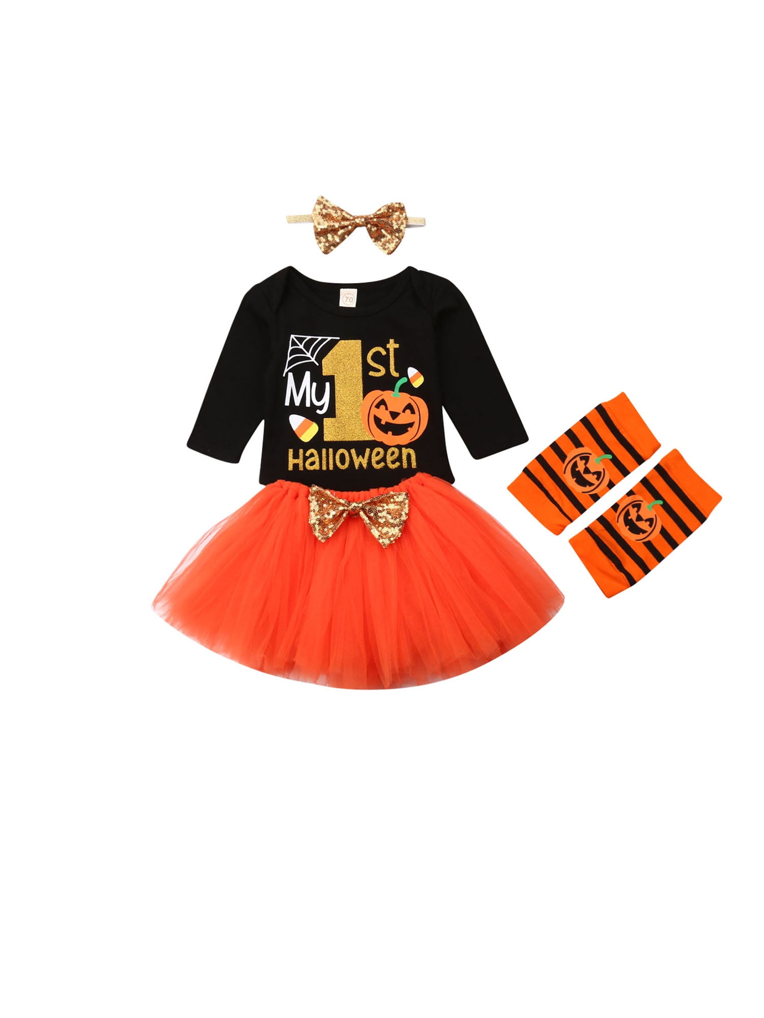 Newborn Baby Girl Kids 1st Halloween Pumpkin Tulle Tutu Dress Costume Outfit Set With Headband
