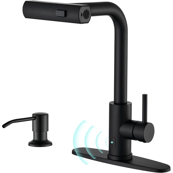 Matte Black Touchless Kitchen Faucets with Pull Down Sprayer & Soap Dispenser, Waterfall Single Hole & Handle, Pull Out Sink Faucet, Suitable for Farmhouse Camper Laundry Rv Bar