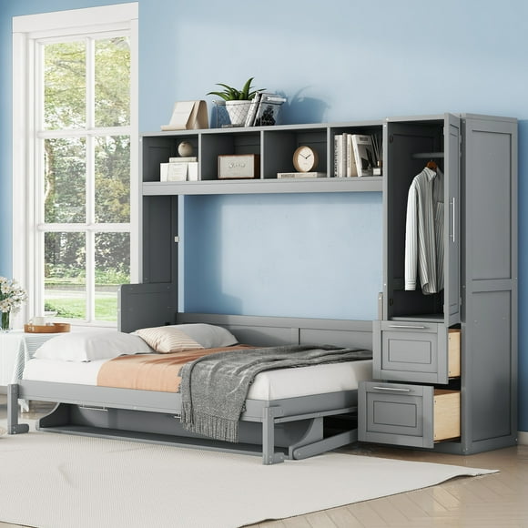 MODERNLUXE Full Size Murphy Bed with Closet Organizers,Wood Wall Bed Cabinet with Storage Shelves and 2 Drawers for Guest Room or Home,Gray