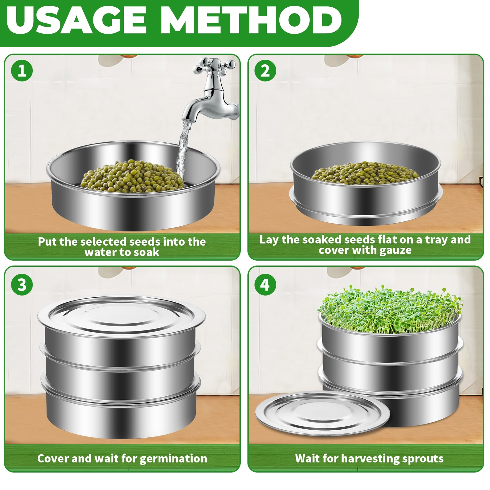 8.6" Stackable Stainless Steel Seed Sprouting Kit 3-Tier Mesh Sprouting Trays Seed Sprout Grower with Lid Base Microgreens Propagator for Beans Peas Broccoli Wheat Grass