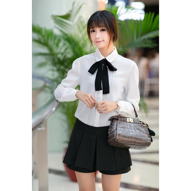 Camisa de gasa de manga larga blanca con cuello de muñeca y lazo de mariposa para mujer de primavera y otoño estilo academia
