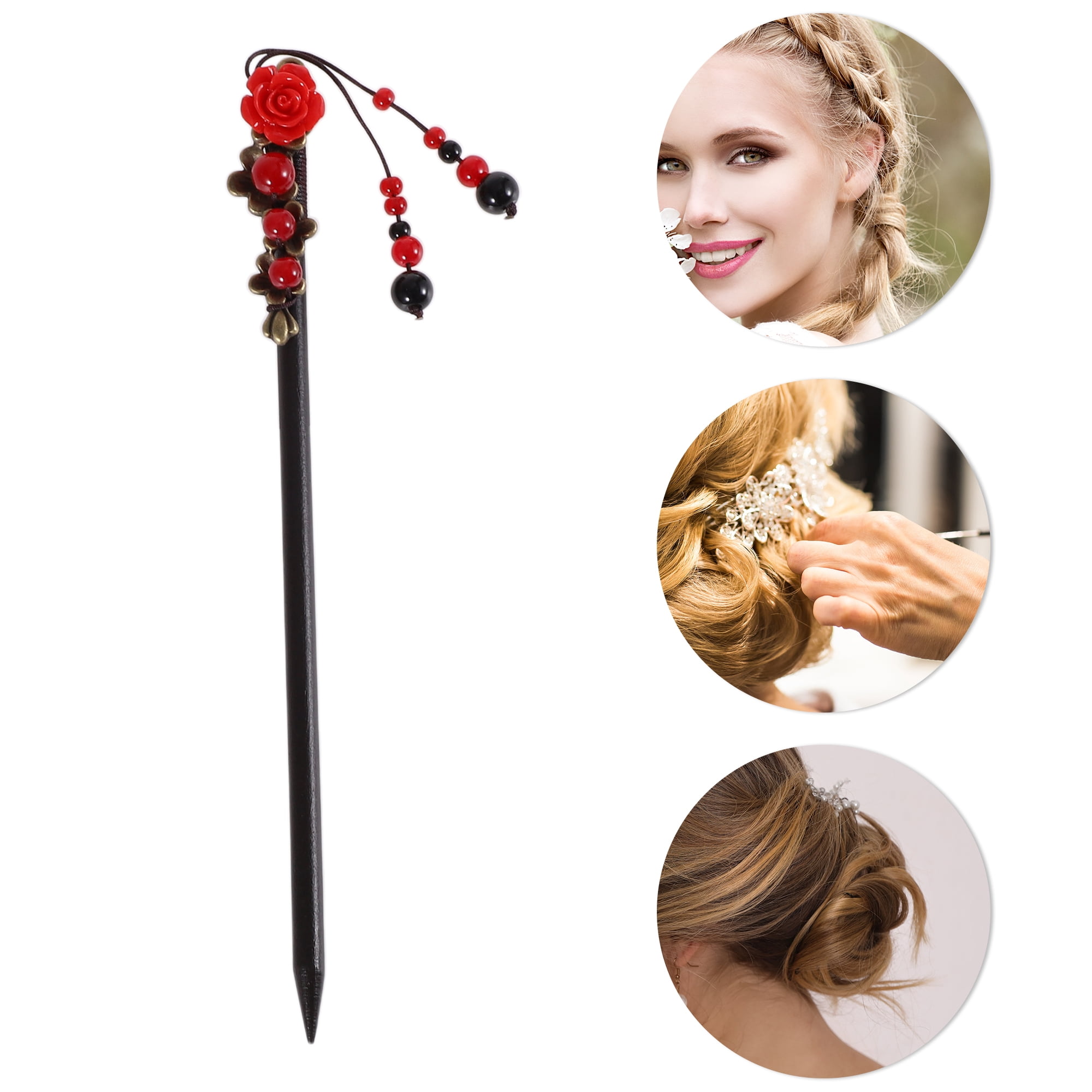 Unique Bargains Hair Chopstick for Women Black Red 1 Pc [Flower Beads Tassel]