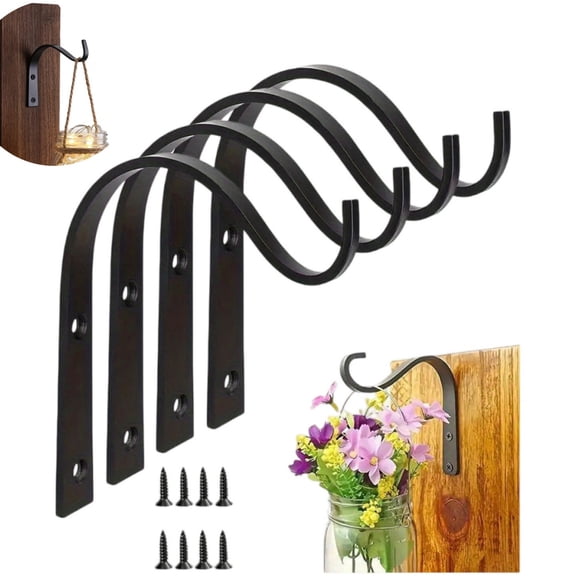 4 Pack Iron Wall Hooks for Hanging Flower Baskets Plants Clothes Bird Feeders Wind Chimes Sconces, Heavy Duty Metal Utility Hooks for Indoor Outdoor Home Garden Decor Multi-Purpose Hangers
