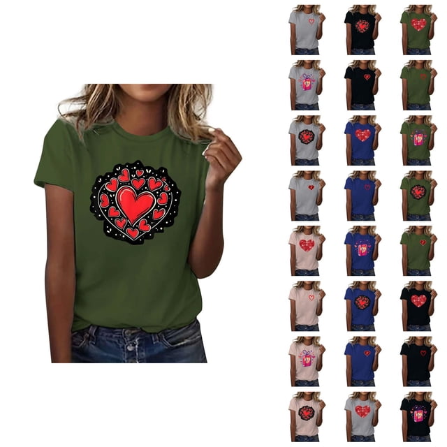 T-shirts de la Saint-Valentin pour Femmes 2026 Mode Manches Courtes Col Rond Cœur Graphique