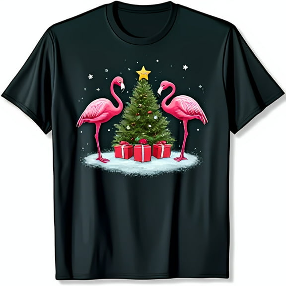 Festive Black T-Shirt with Christmas Tree Flamingos & Snowflakes Design