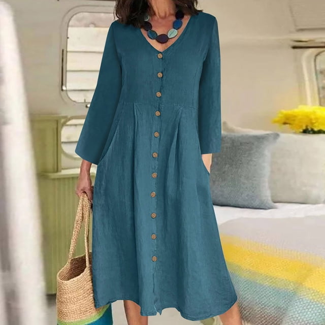 Gspmoly Robes d'Été, Mode Femmes Col en V Uni Manches Longues Bouton Robe Décontractée Longueur Genou Robes de Cocktail pour Femmes Liquidation