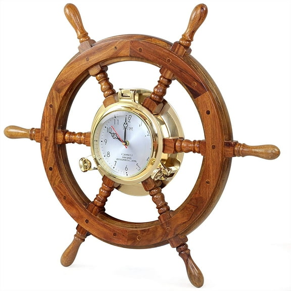 Nagina International Nautical Solid Wood Captain' Vintage Decor Ship Wheel with Time Clock - Captain Maritime Beach Home Decor Gift (24 Inches)