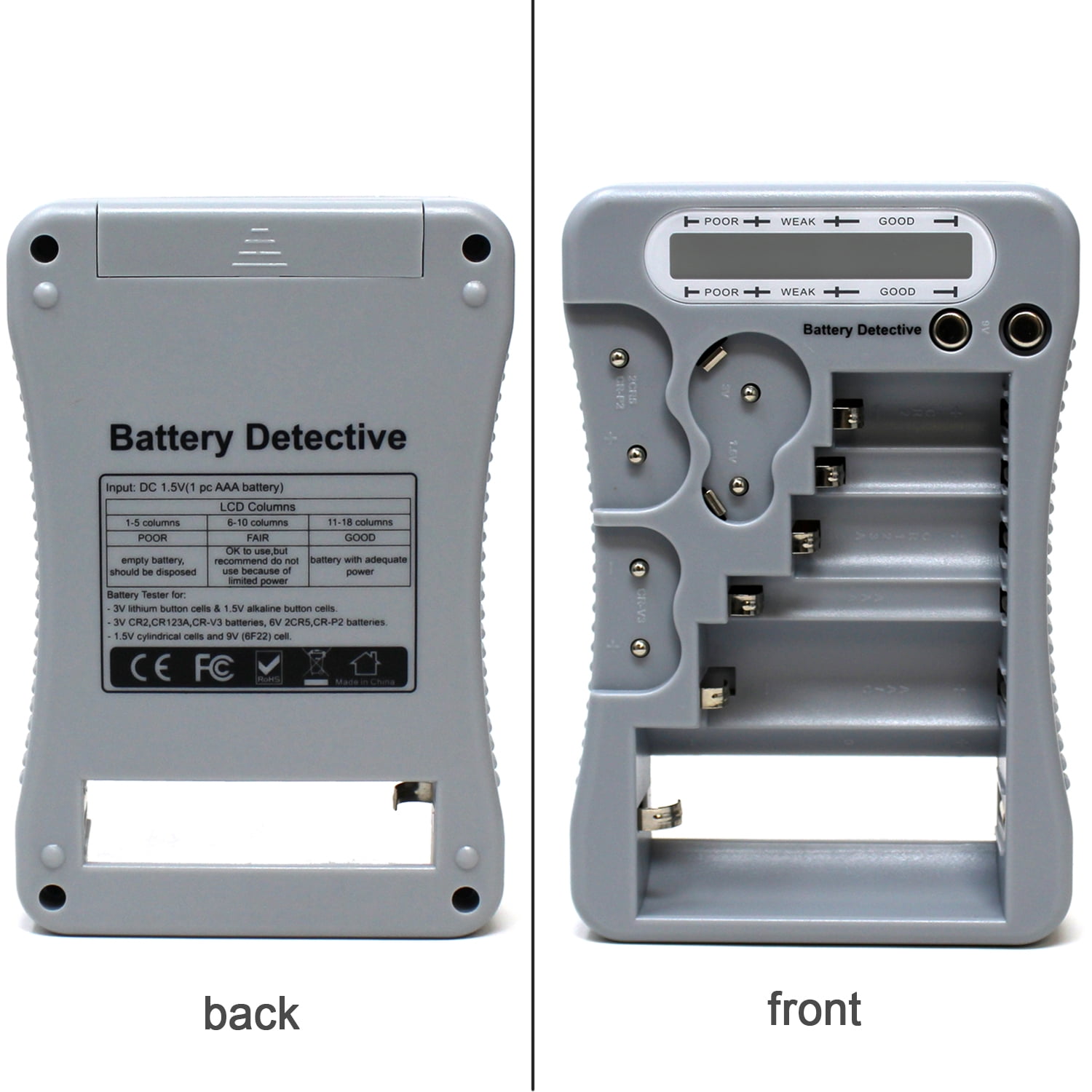 Battery Detective 12 Type Battery Tester (Grey) with LCD Display for Household Batteries AA AAA C D 9V CR2032 CR123A N/LR1 CR2 CR-V3 2CR5 CR-P2 1.5V/3V Button Cell Batteries + AAA Batteries (36-Pack)