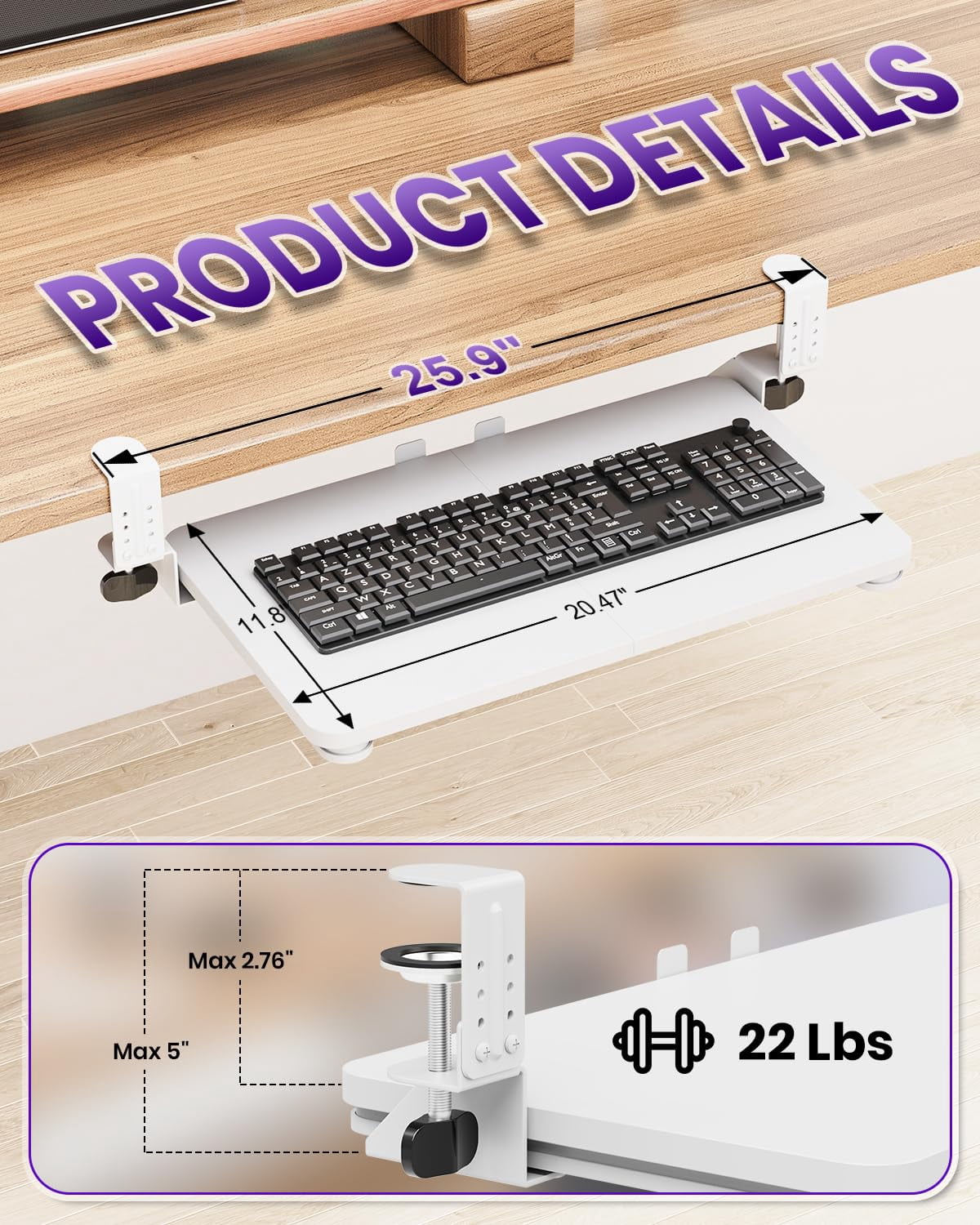 Mouse & Tray Under Desk  Pull Out With Adjustable C-clamp 20 (25.9 Including Clamps) X 11.8 Inch Slide Computer Drawer For Typing White