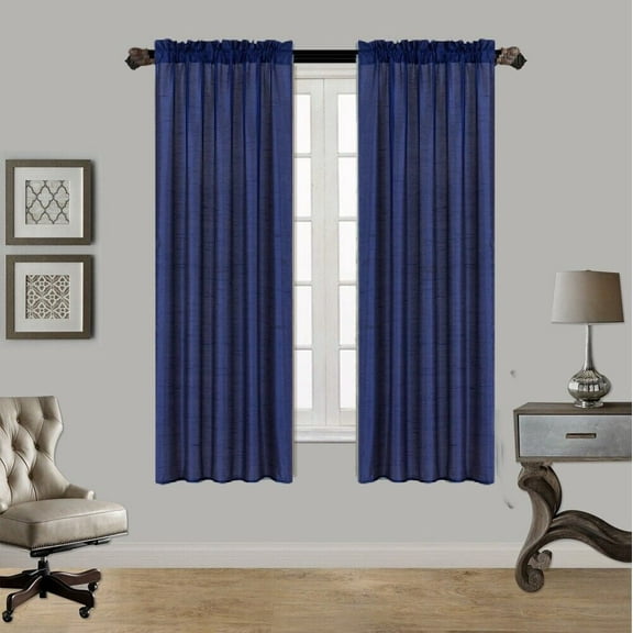 2PC MR2 NAVY BLUE SOLID SILK SEMI SHEER ROD POCKET WINDOW CURTAIN PANEL LIGHT FILTERING 55" W X 63" L EACH PC