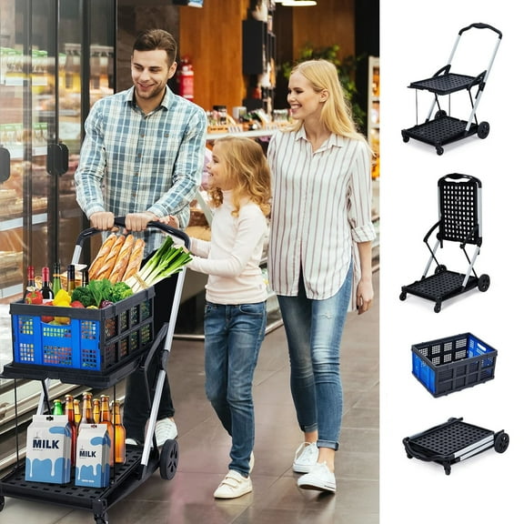 CazToi Collapsible Shopping Cart 2 Tier Grocery Cart, Space Saving & Lightweight Portable Rolling Cart for Shopping Home Groceries Supermarket Blue