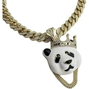 Hip Hop Gold Plated Cubic Zirconia Crowned King Panda Bling Pendant & 12mm 16" Iced Cuban Box Lock Chain Necklace Set