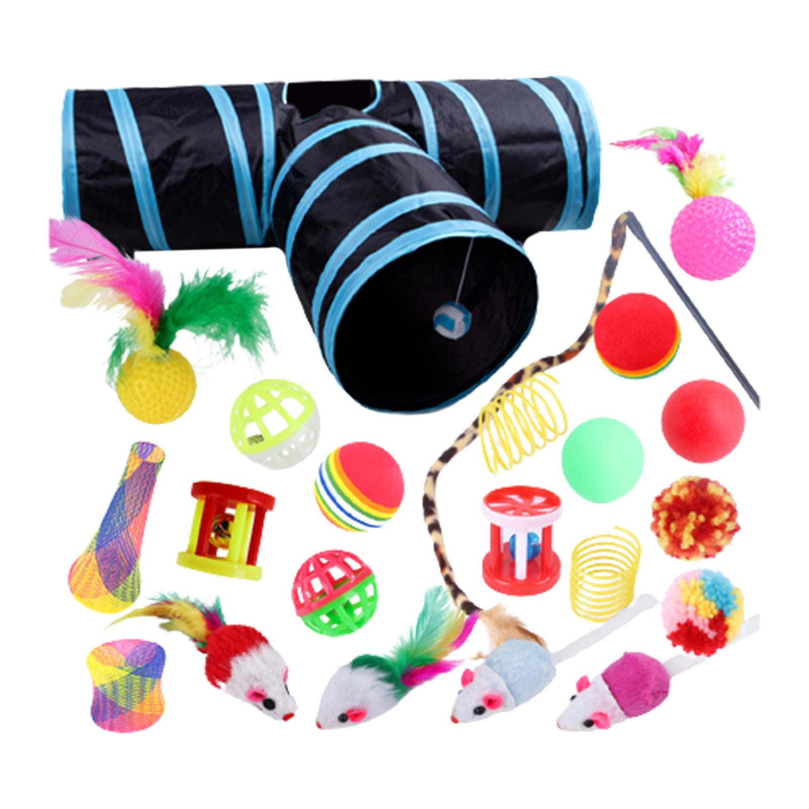 22 piece Interactive Cat Toy Sets,Collapsible Cat Tunnels for Indoor Cats, Feather Teaser Crinkle Balls Spring Toy Catnip Fish for Cats , B99502