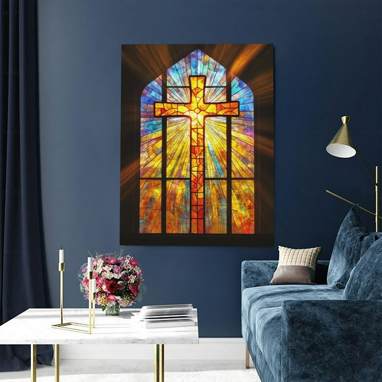CozyNet Stained Glass Window Of A Church Detailed Cross & Radiant