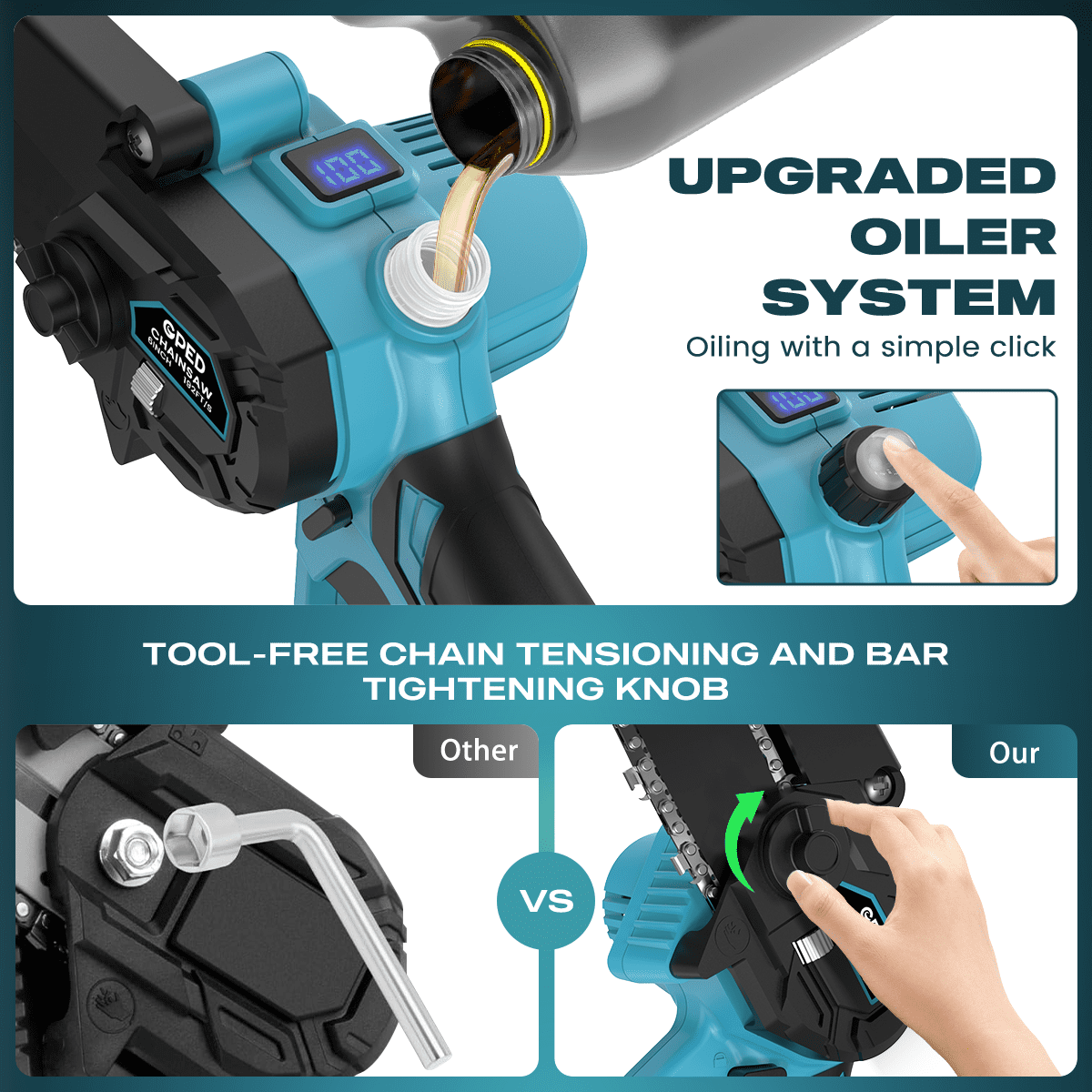 GPED Mini Chainsaw Cordless 6 inch with 2 Battery, Mini Power Chain Saw with Security Lock, Electric Chainsaw, Handheld Small Chainsaw for Tree Trimming Wood Cutting, Blue