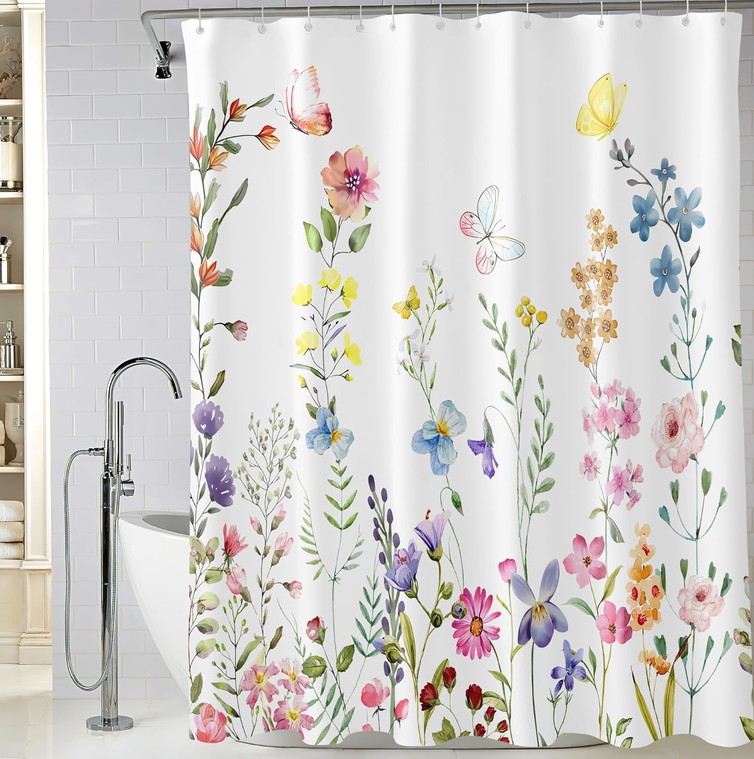 Extra Long Colorful Floral Butterfly Shower Curtain 72 x 84 Inch, Botanical Flower Shower Curtain for Bathroom Decor, Waterproof Fabric Wildflower Shower Curtain with Hooks