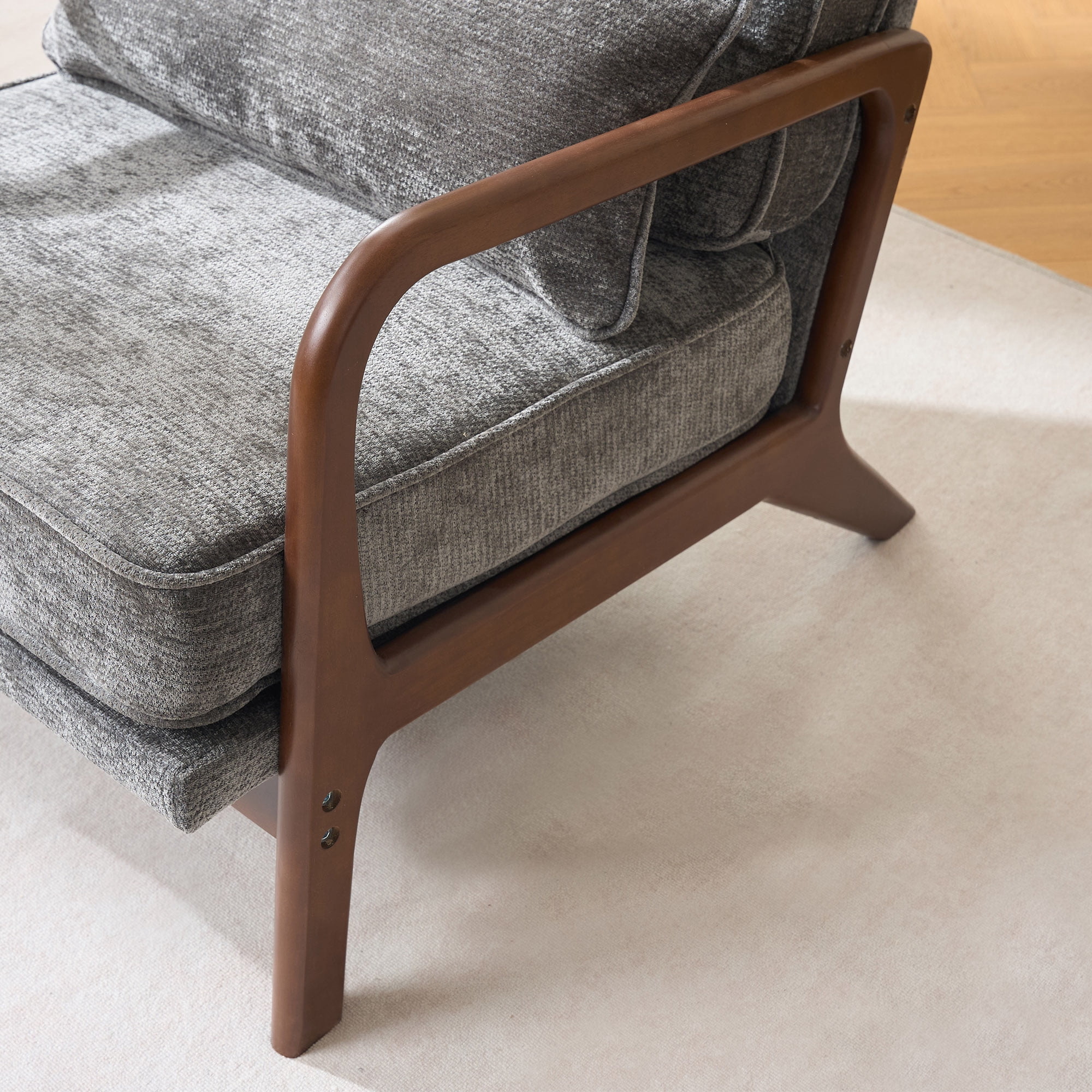 Leumius Modern Accent Chair,Mid-Century Single Upholstered Living Room Chair with Curved Wood Armrests and Lumbar Cushion for Living Room,Bedroom,Dark Grey