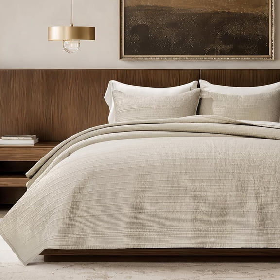 EVERGRACE Channel Stitch 100% Cotton Quilt Set King Size, Pre-Washed Cotton Sateen Coverlet Bedspread, 3-Piece Soft & Breathable Bedding Set with 2 Shams for All Seasons, Parchment