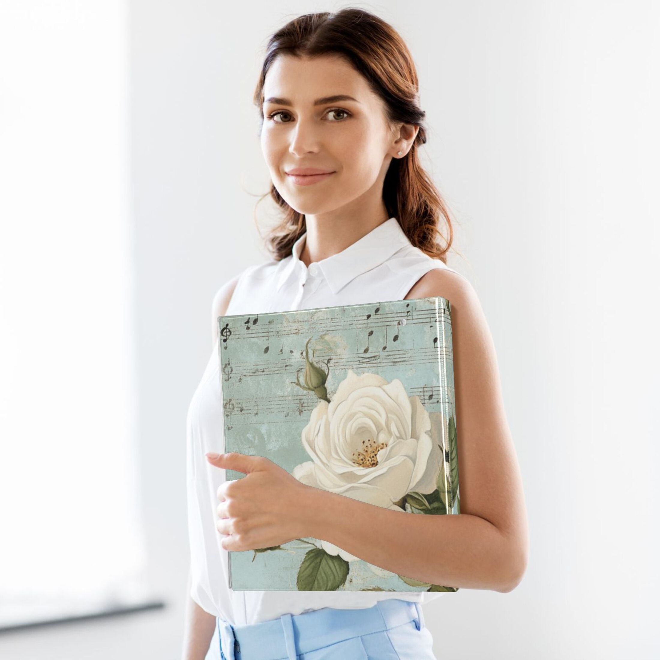 Rose Music Notes 3 Ring Binders 1.5 inch Hardcover File Folders with Interior Pockets A4 Size Organizer for School Office Hospital
