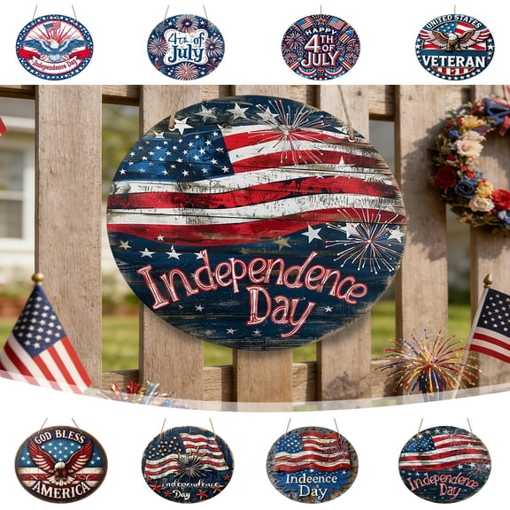 Yeciiwht American Flag Wooden Wall Decor for Porch, 4th of July Patriotic Round Sign, Independence Day Farmhouse Hanging