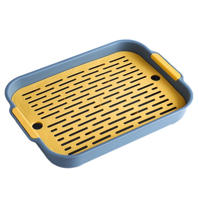 Billuyoard Escurridor de platos de plástico multifuncional de doble capa con bandeja de goteo, tapete de tablero de drenaje de platos ordenado y Almacenamiento y organización del hogar azul grande