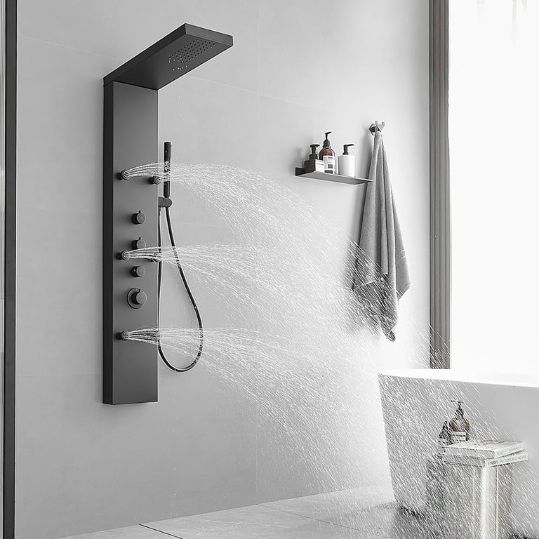 ROVATE Rainfall Waterfall Shower Tower Panel System, 304 Stainless Steel  Bathroom Shower Tower with 5 Rain Body Massage Jets and 3 Sets Handheld
