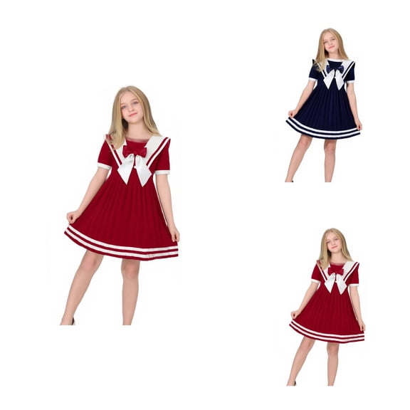 Girls Nautical Sailor Dress, Lightweight Summer Short Sleeve Casual Gown for Kids Toddlers 2-14 Years