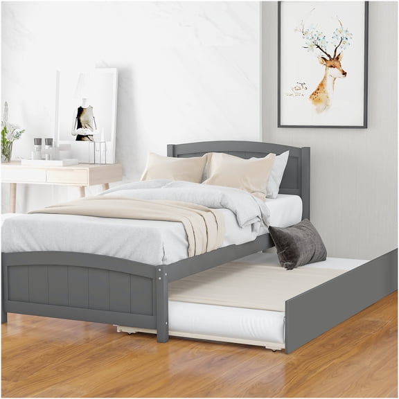 Twin Size Low Profile Platform Bed with Trundle Drawer, Gray Wood Frame, No Box Spring Needed