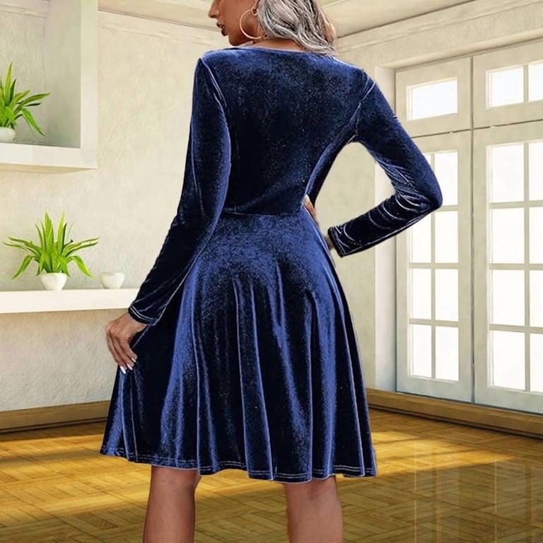 navy blue dress for baby girl Stunning Evening Dress A Line Sweetheart Neck Velour Floor Length Pockets Formal Party Dresses main image 0