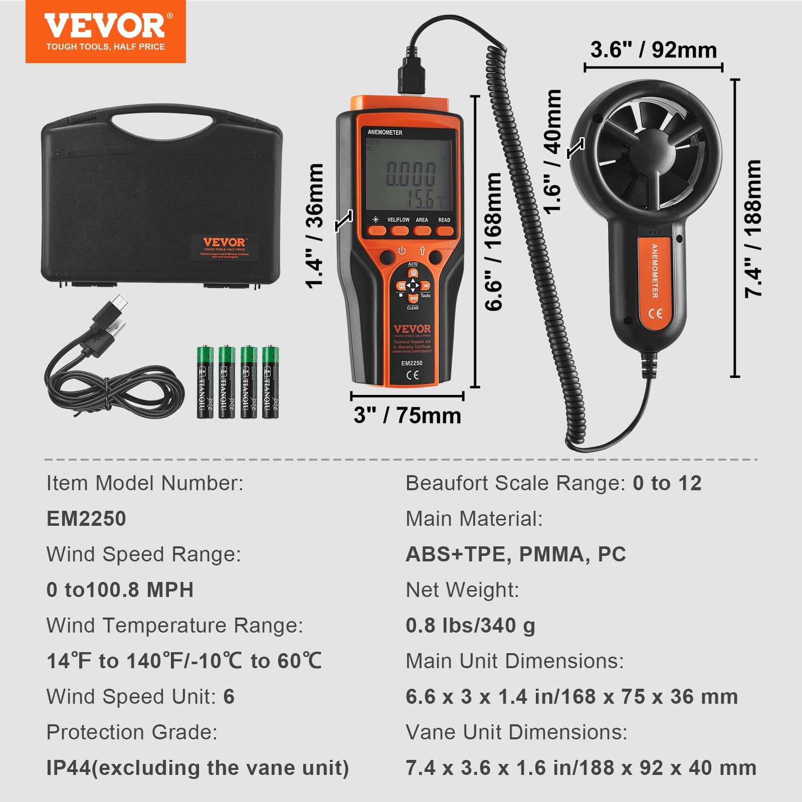 SKYSHALO Split Handheld Anemometer Digital Wind Speed CFM Meter Gauge 14-140???with LED