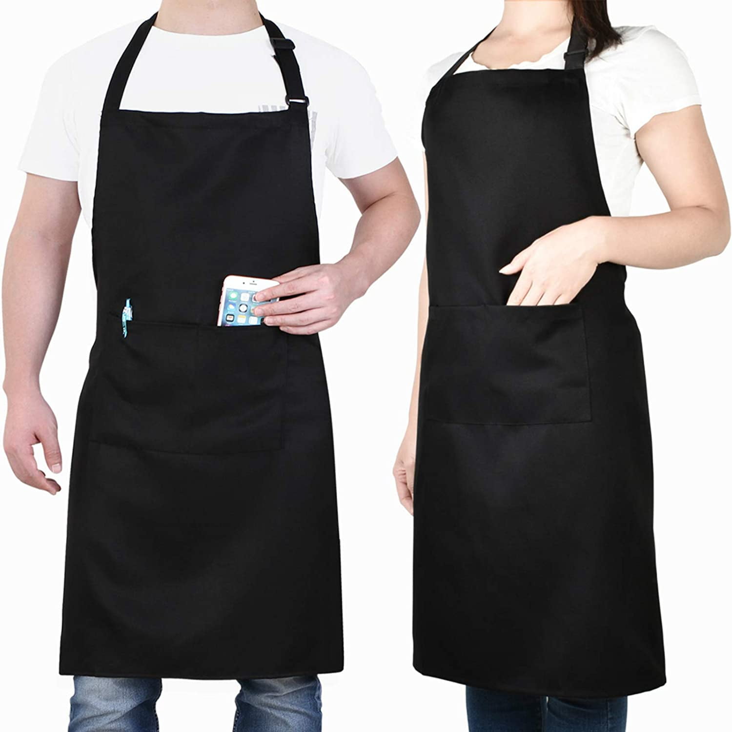 Adjustable Bib Aprons, Water Oil Stain Resistant Black Kitchen Chef