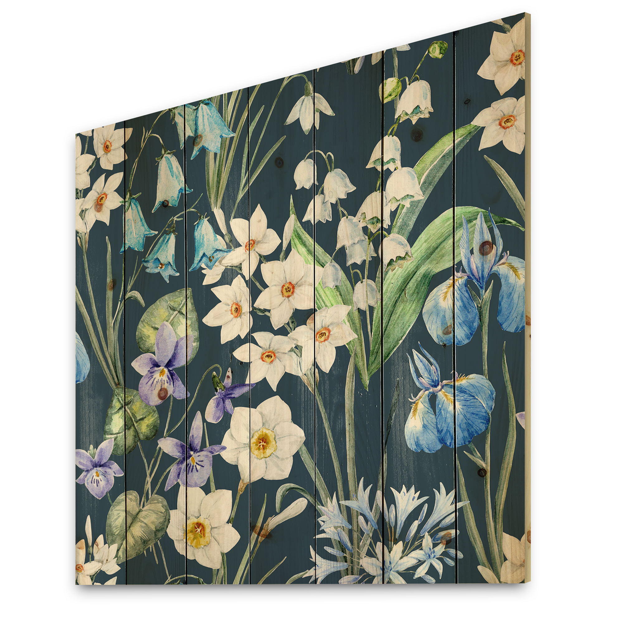 Designart 'Blue and White Spring Flowers On Dark Blue' Traditional Print on Natural Pine Wood